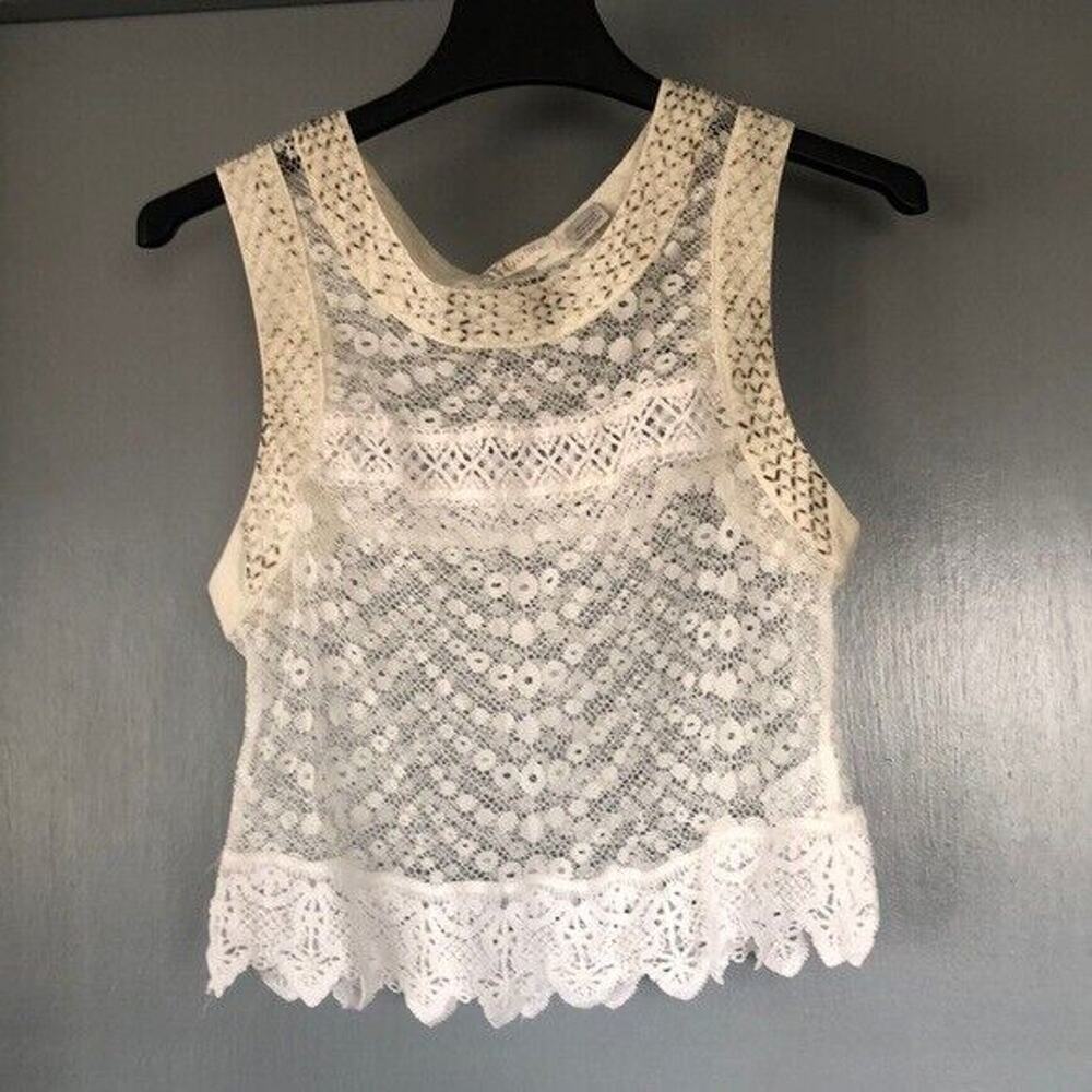 Miss Me Medium Lace Beads Embellished Ivory Sheer Unlined Sleeveless Crop Top